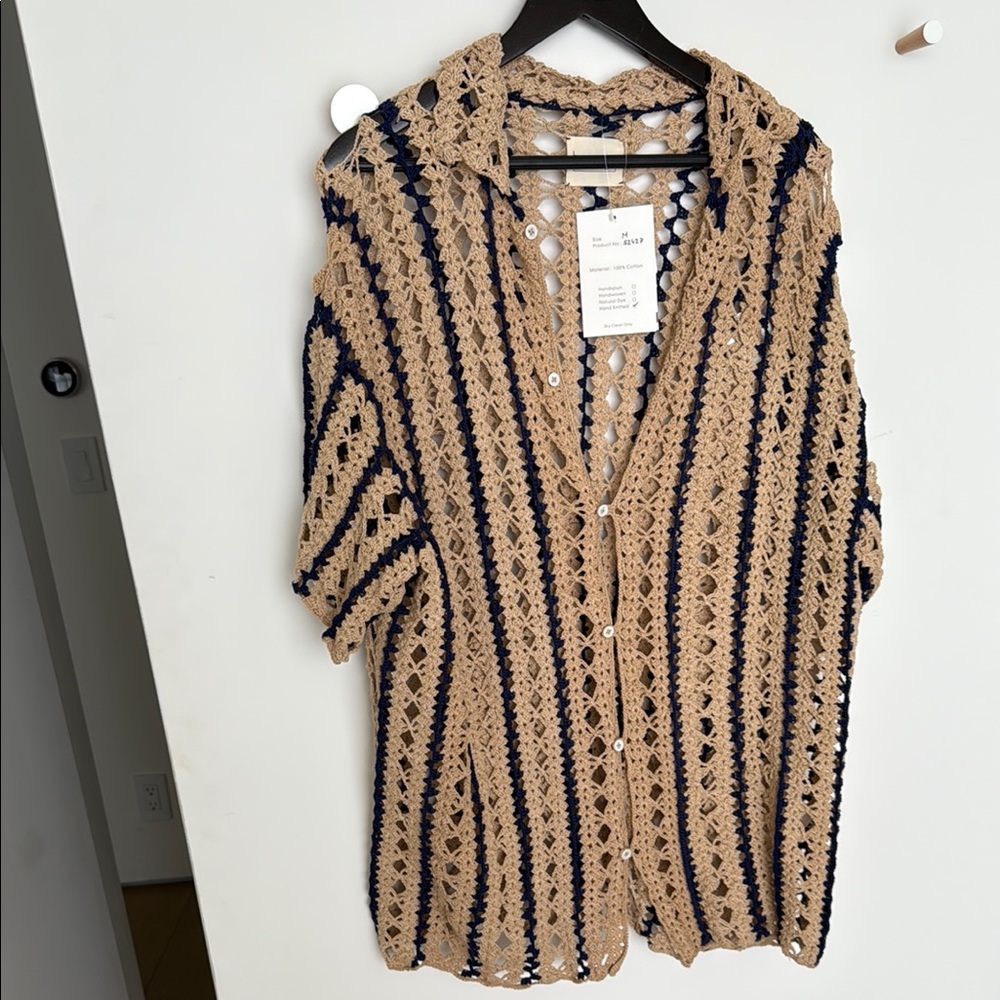 Harago Tan and blue Crochet Button-Up hand woven Shirt